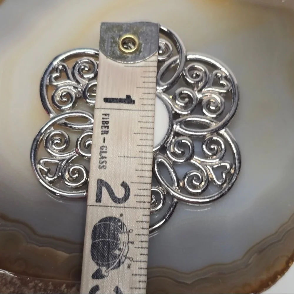 Vintage TRIFARI Filigree Silver Tone Metal  Flower Brooch Floral Boho Art Deco